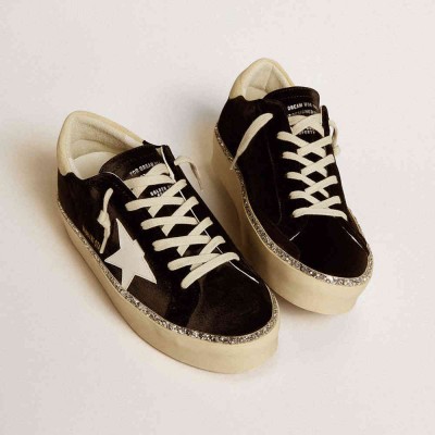 Golden Goose Hi Star Sneakers In Black Velvet With White Leather Star And Suede Heel Tab