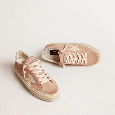 Golden Goose Hi Star Sneakers In Pink Suede With Cream Star And Silver Leather Heel Tab