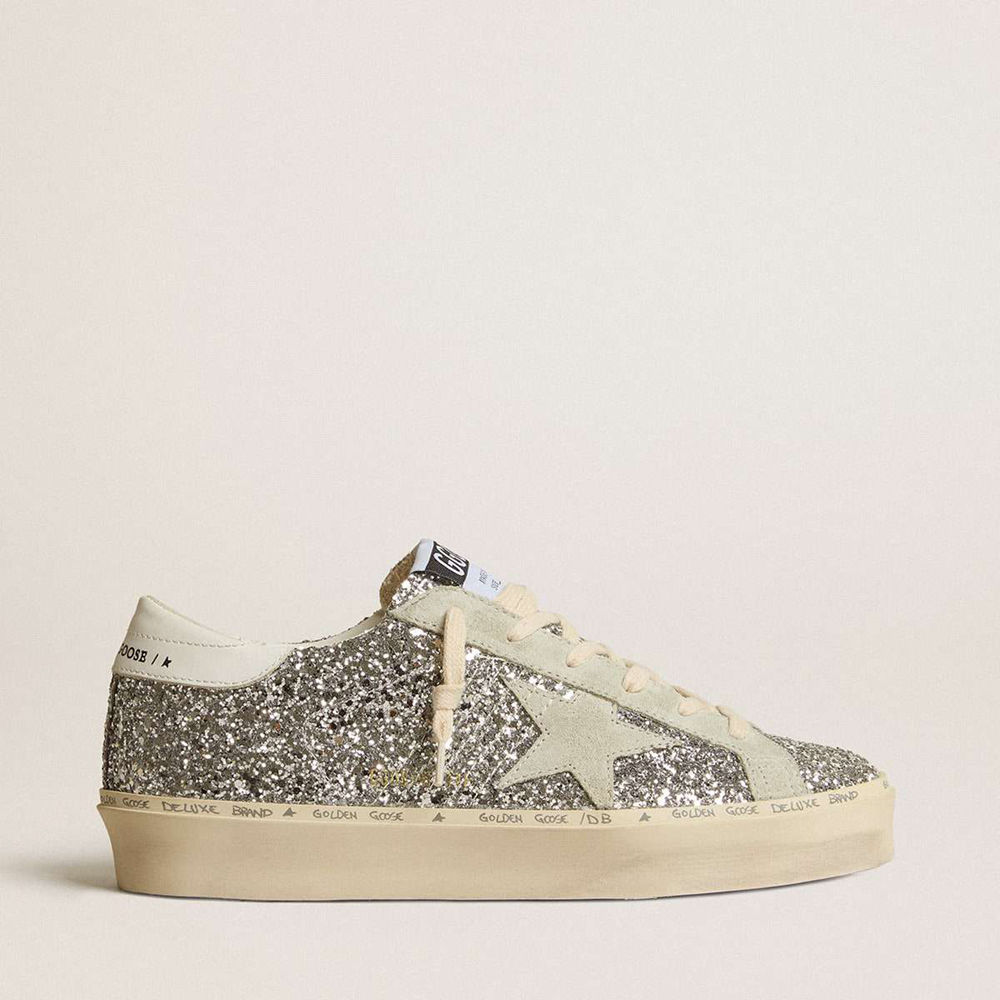 Golden Goose Hi Star Sneakers In Silver Glitter With Suede Star And White Heel Tab