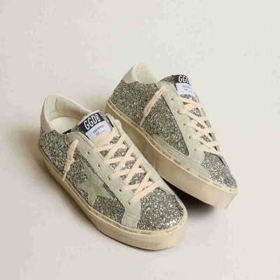 Golden Goose Hi Star Sneakers In Silver Glitter With Suede Star And White Heel Tab