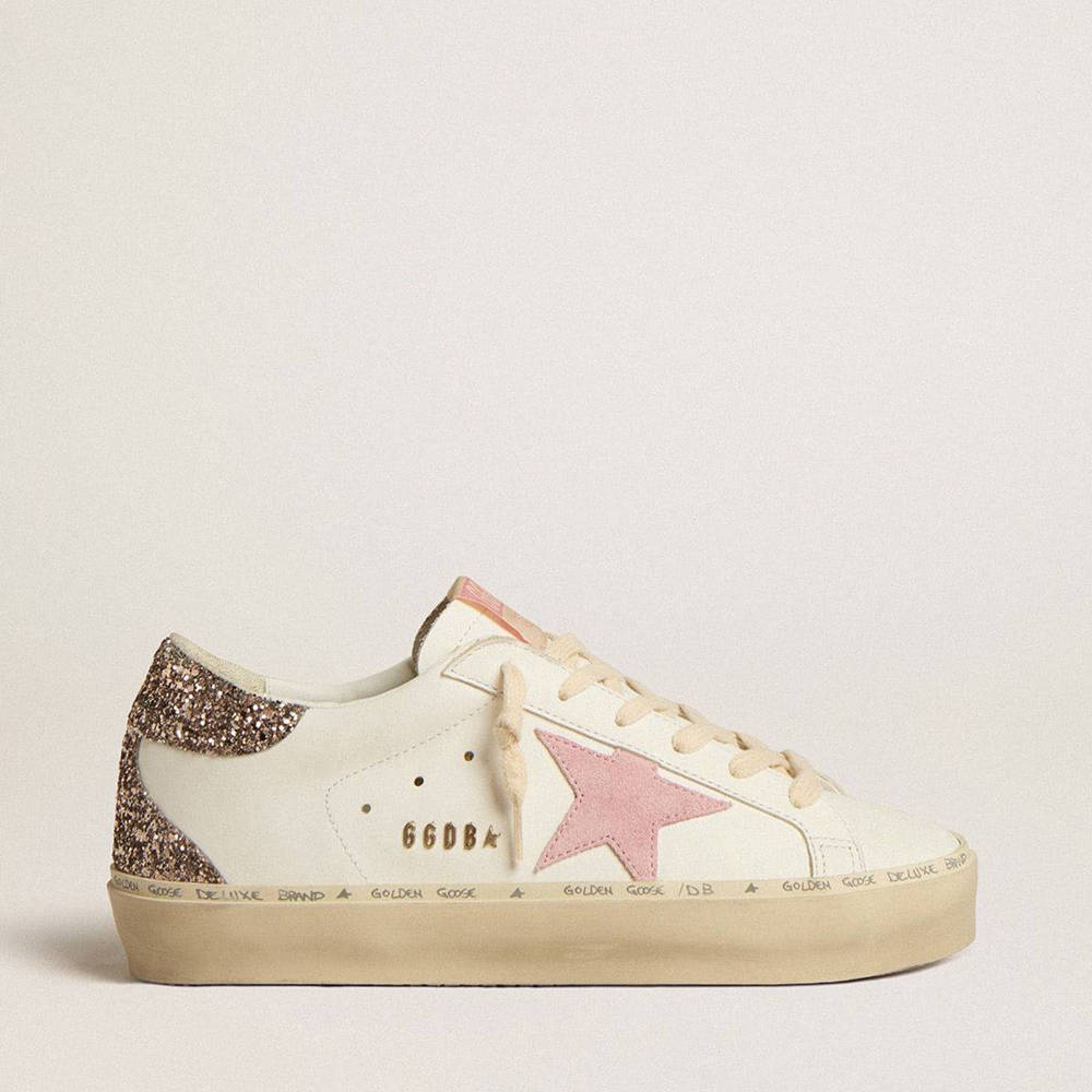 Golden Goose Hi Star Sneakers In White Leather With Pink Suede Star And Pink Glitter Heel Tab