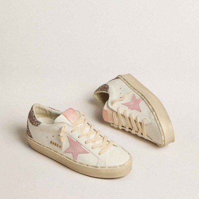 Golden Goose Hi Star Sneakers In White Leather With Pink Suede Star And Pink Glitter Heel Tab