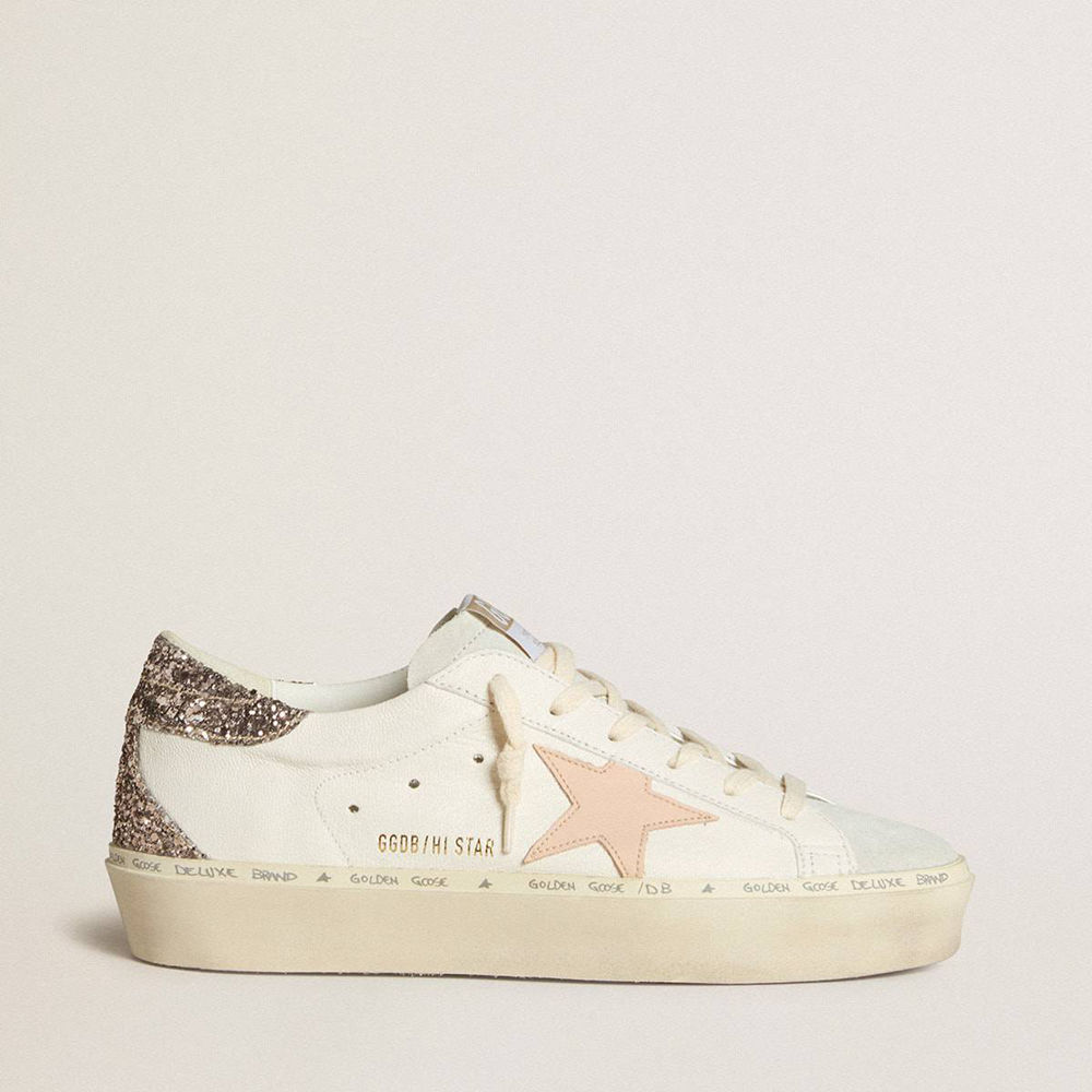Golden Goose Hi Star Sneakers In White Nappa With Pink Leather Star And Glitter Heel Tab