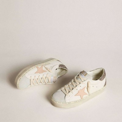 Golden Goose Hi Star Sneakers In White Nappa With Pink Leather Star And Glitter Heel Tab