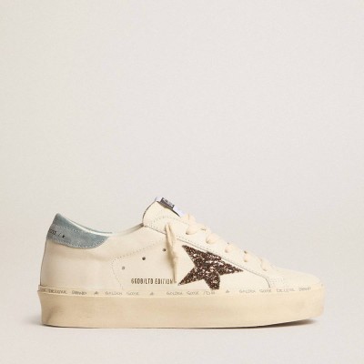 Golden Goose Hi Star LTD Sneakers With Hazelnut Glitter Star And Light Blue Suede Heel Tab