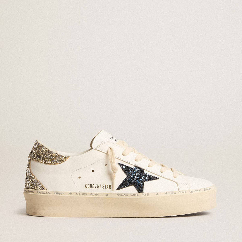 Golden Goose Hi Star Sneakers With Blue Glitter Star And Platinum Glitter Heel Tab