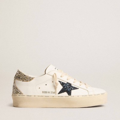 Golden Goose Hi Star Sneakers With Blue Glitter Star And Platinum Glitter Heel Tab