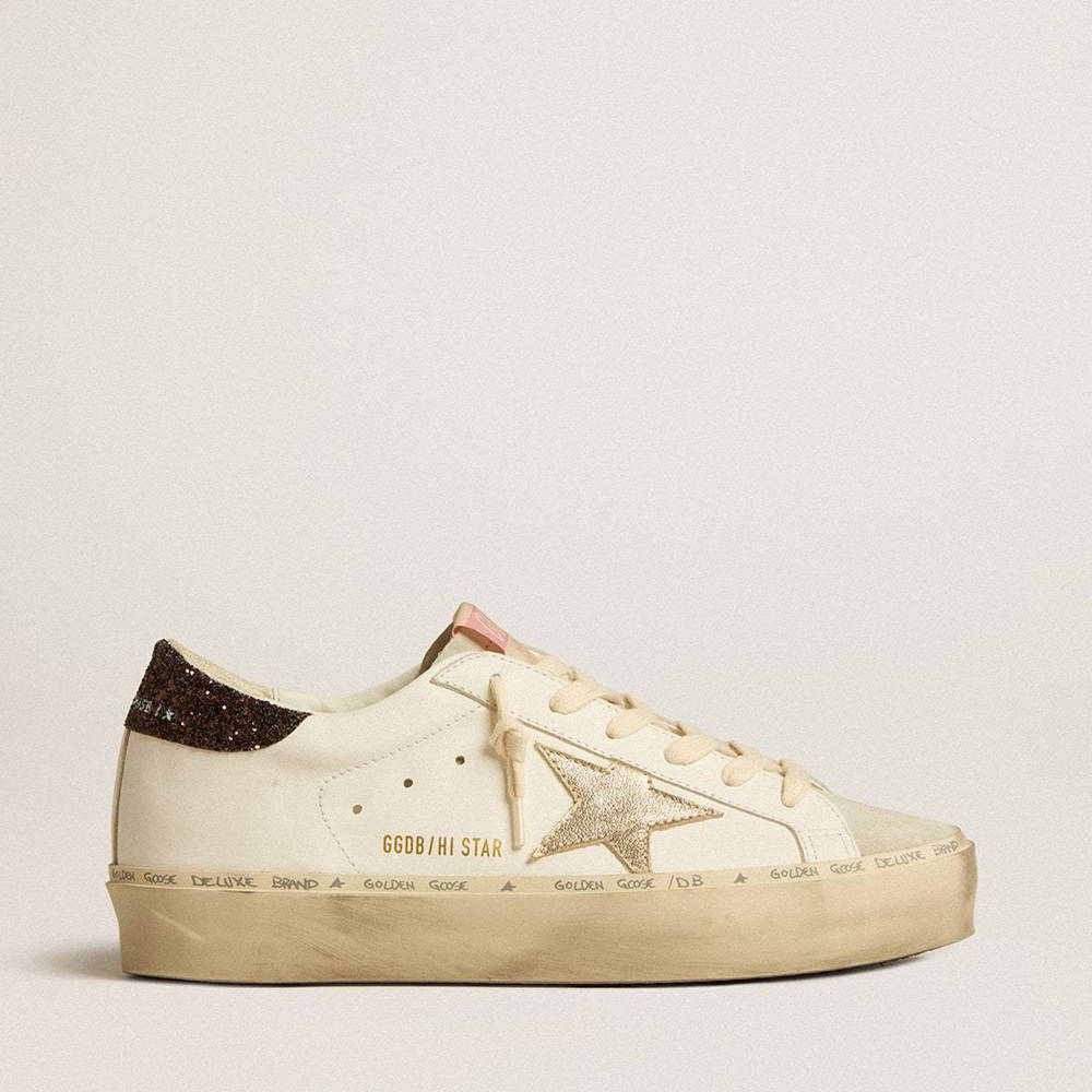 Golden Goose Hi Star Sneakers With Platinum Metallic Leather Star And Glitter Heel Tab