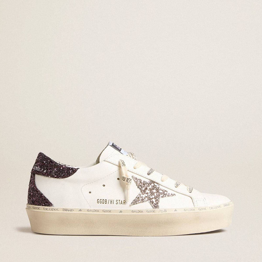 Golden Goose Hi Star Sneakers With Silver Glitter Star And Ruby Red Glitter Heel Tab