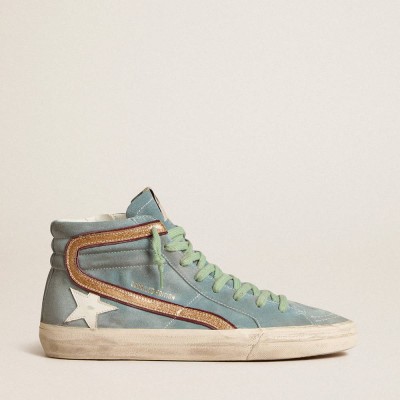 Golden Goose Light Blue Suede Slide LTD Sneakers With White Star And Gold Glitter Flash
