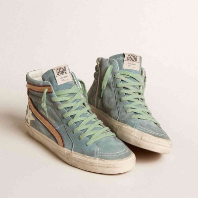 Golden Goose Light Blue Suede Slide LTD Sneakers With White Star And Gold Glitter Flash