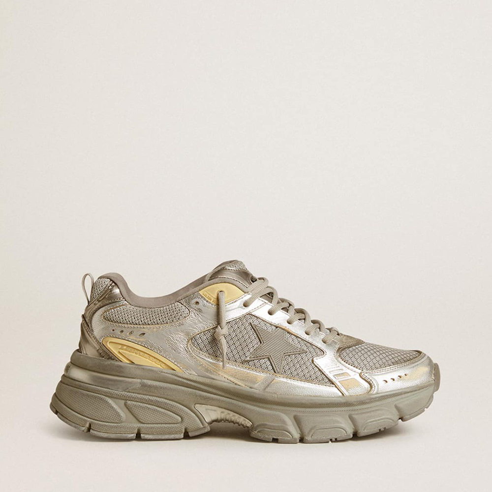 Golden Goose Lightstar Sneakers In Metallic Leather And Silver Mesh With Gray Star