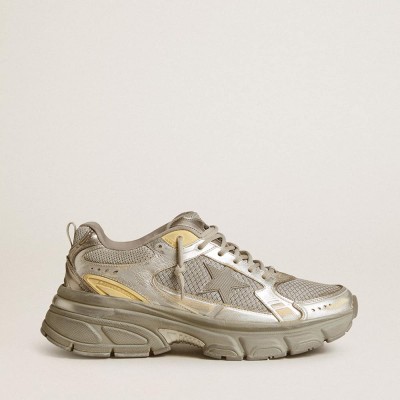 Golden Goose Lightstar Sneakers In Metallic Leather And Silver Mesh With Gray Star
