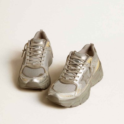 Golden Goose Lightstar Sneakers In Metallic Leather And Silver Mesh With Gray Star