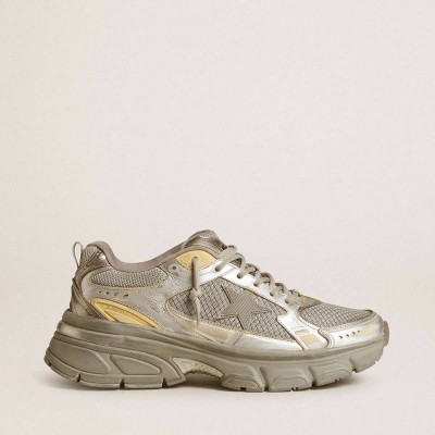 Golden Goose Lightstar Sneakers In Metallic Leather And Silver Mesh With Gray Star