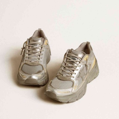 Golden Goose Lightstar Sneakers In Metallic Leather And Silver Mesh With Gray Star