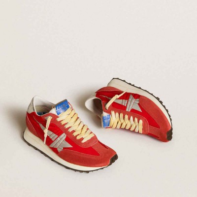 Golden Goose Marathon Shoes With Red Nylon Upper And Silver Star