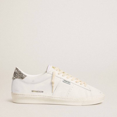 Golden Goose Matchstar In White Leather With Silver Glitter Heel Tab