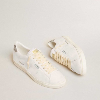 Golden Goose Matchstar In White Leather With Silver Glitter Heel Tab
