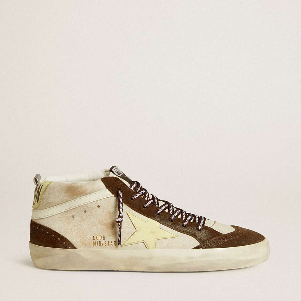 Golden Goose Mid Star Sneakers In Beige Glitter With Yellow Suede Star And Cotton Flash