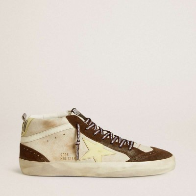 Golden Goose Mid Star Sneakers In Beige Glitter With Yellow Suede Star And Cotton Flash