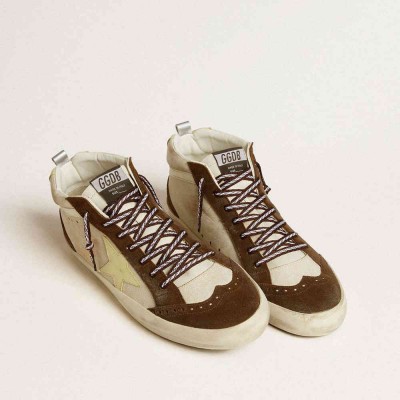 Golden Goose Mid Star Sneakers In Beige Glitter With Yellow Suede Star And Cotton Flash