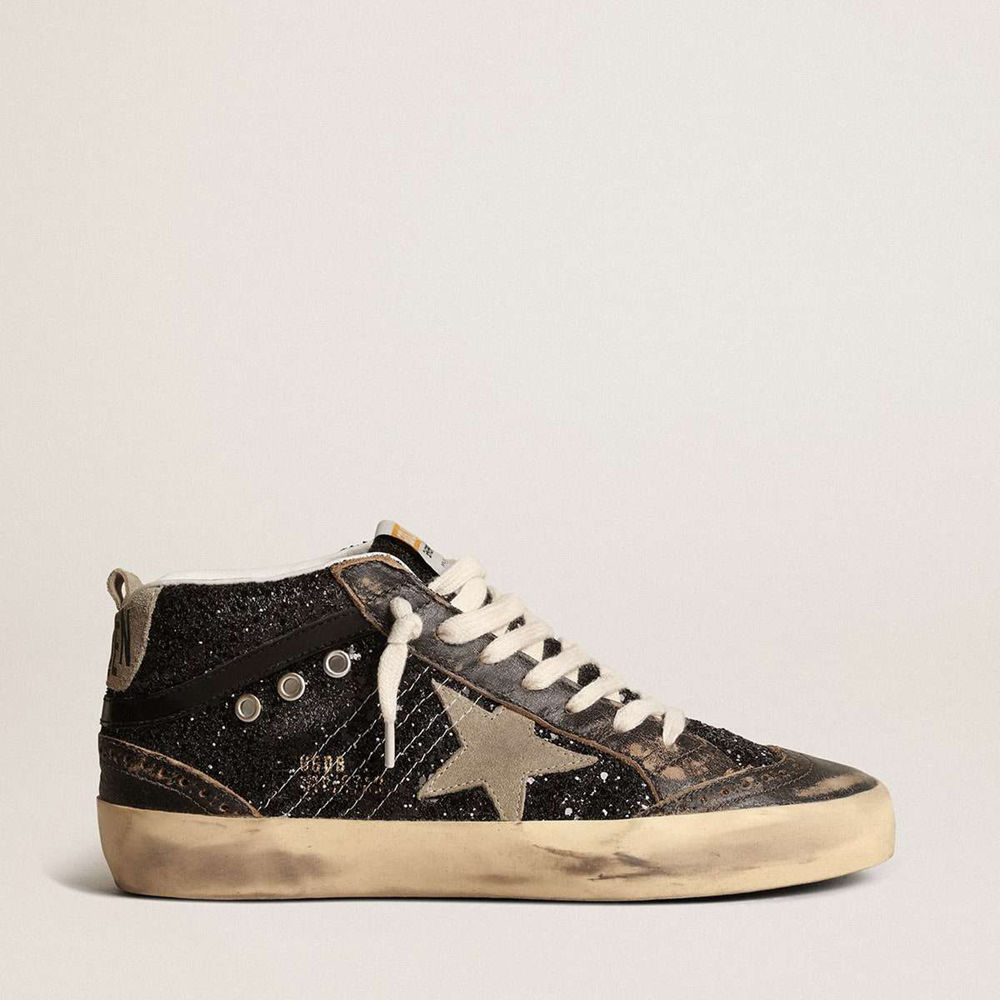 Golden Goose Mid Star Sneakers In Black Glitter With Dove-gray Suede Star And Heel Tab