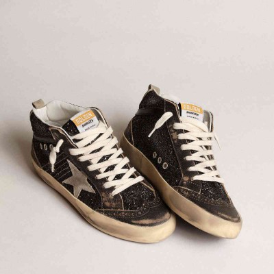 Golden Goose Mid Star Sneakers In Black Glitter With Dove-gray Suede Star And Heel Tab