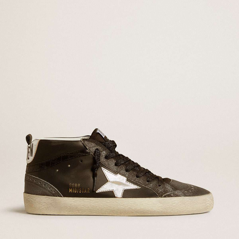 Golden Goose Mid Star Sneakers In Black Leather With Silver Metallic Leather Star