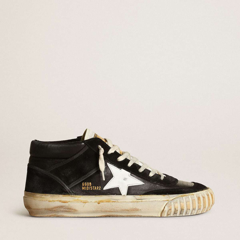 Golden Goose Mid Star Sneakers In Black Nappa And Suede With White Leather Star