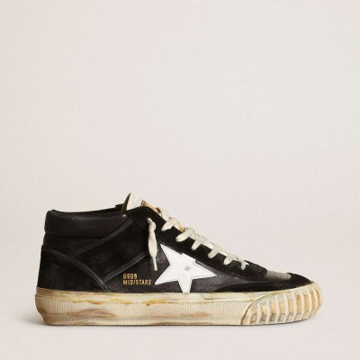 Golden Goose Mid Star Sneakers In Black Nappa And Suede With White Leather Star