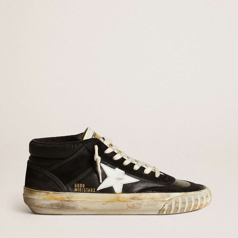 Golden Goose Mid Star Sneakers In Black Nappa And Suede With White Leather Star