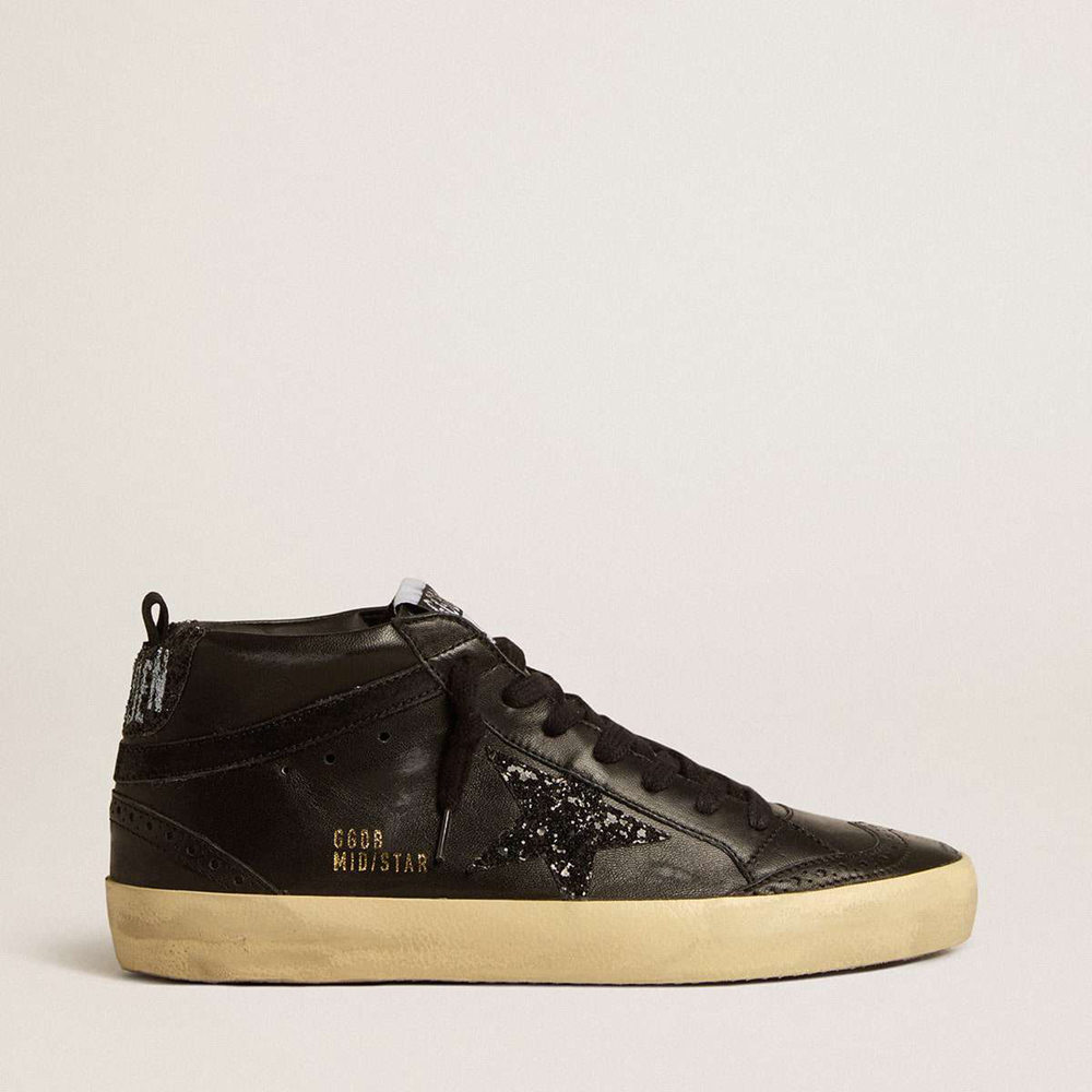 Golden Goose Mid Star Sneakers In Black Nappa With Black Glitter Star And Suede Flash