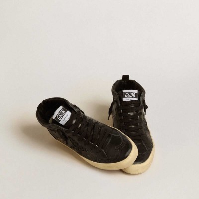 Golden Goose Mid Star Sneakers In Black Nappa With Black Glitter Star And Suede Flash