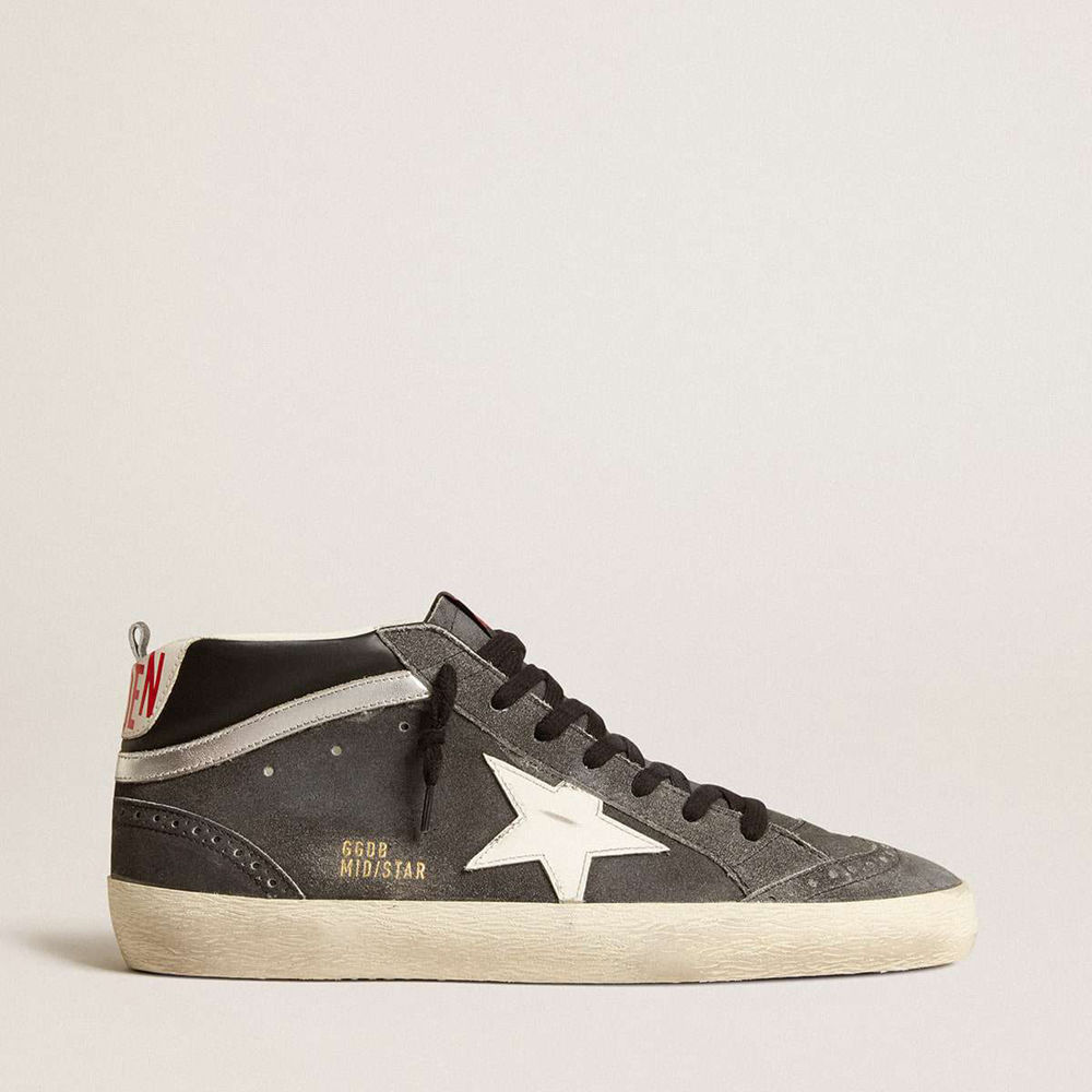 Golden Goose Mid Star Sneakers In Black Suede With White Leather Star And Silver Flash