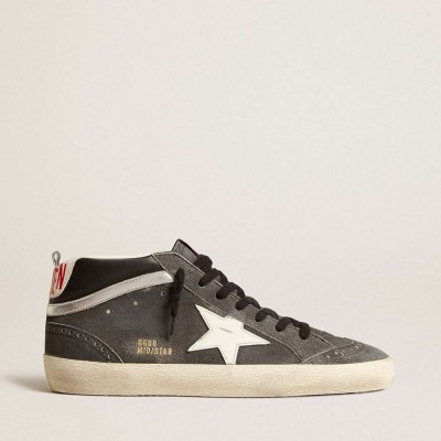 Golden Goose Mid Star Sneakers In Black Suede With White Leather Star And Silver Flash