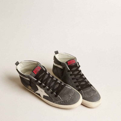 Golden Goose Mid Star Sneakers In Black Suede With White Leather Star And Silver Flash