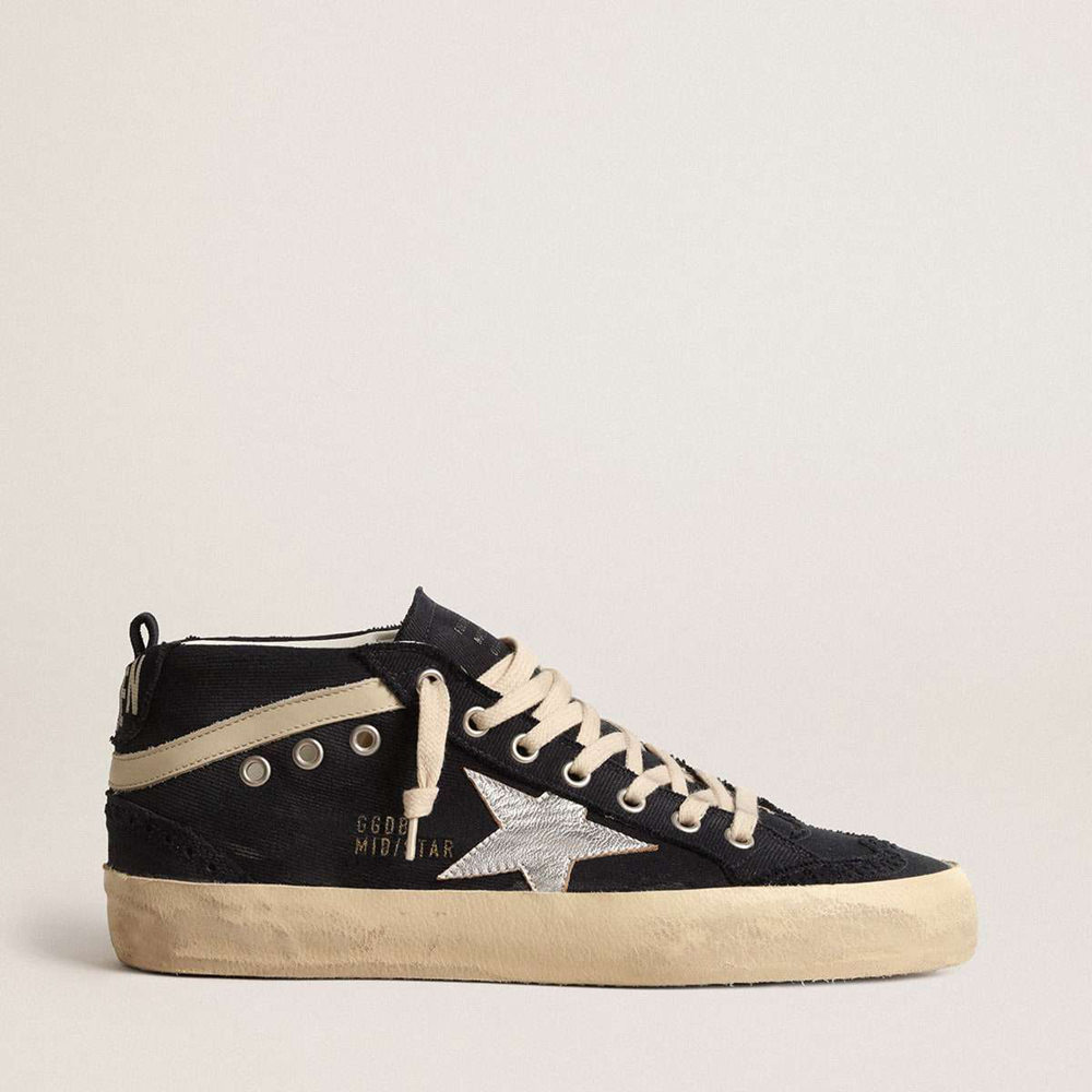 Golden Goose Mid Star Sneakers In Blue Cotton With Silver Star And Leather Flash