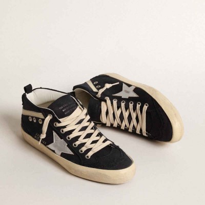 Golden Goose Mid Star Sneakers In Blue Cotton With Silver Star And Leather Flash