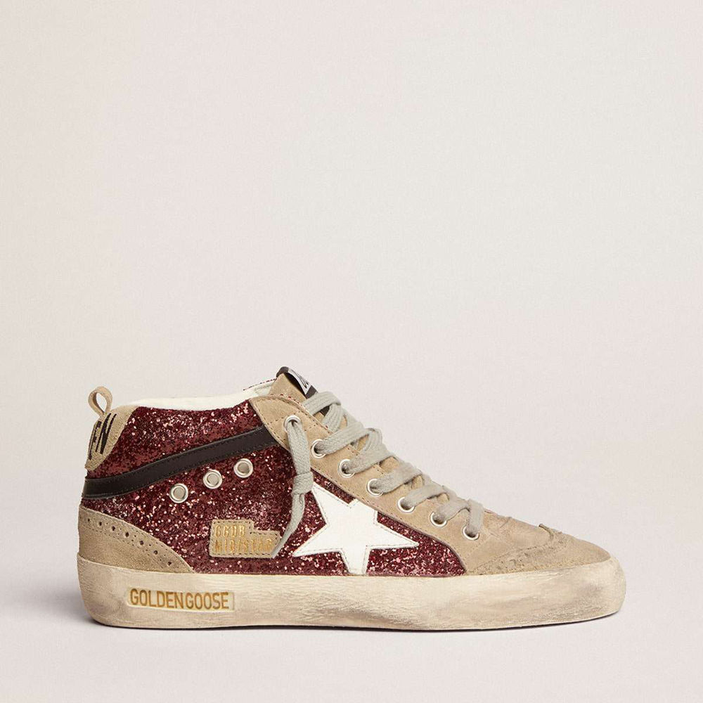 Golden Goose Mid Star Sneakers In Burgundy Glitter With Gray Inserts And White Star