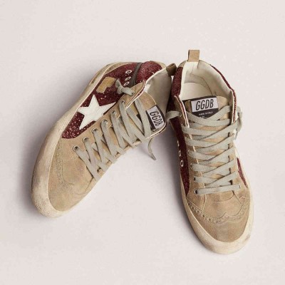 Golden Goose Mid Star Sneakers In Burgundy Glitter With Gray Inserts And White Star