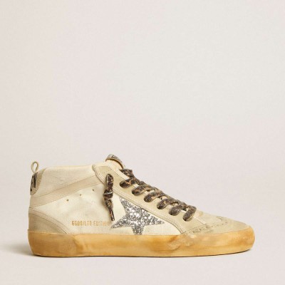 Golden Goose Mid Star Sneakers In Canvas With Silver Glitter Star And Beige Flash