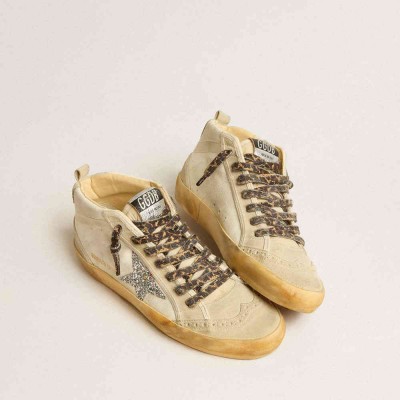 Golden Goose Mid Star Sneakers In Canvas With Silver Glitter Star And Beige Flash