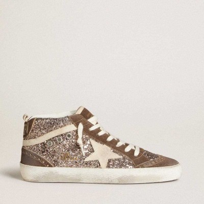 Golden Goose Mid Star Sneakers In Glitter With Pearl Suede Star And Brown Suede Inserts