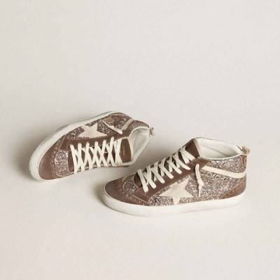 Golden Goose Mid Star Sneakers In Glitter With Pearl Suede Star And Brown Suede Inserts