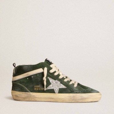 Golden Goose Mid Star Sneakers In Green Suede With Silver Glitter Star And Leather Flash