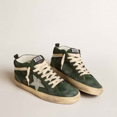 Golden Goose Mid Star Sneakers In Green Suede With Silver Glitter Star And Leather Flash