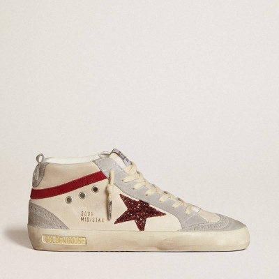 Golden Goose Mid Star Sneakers In Leather With Glitter Star And Red Nubuck Flash