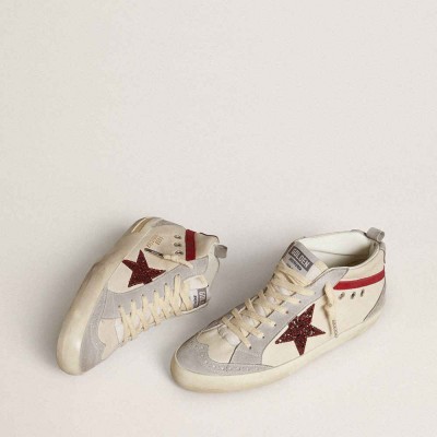 Golden Goose Mid Star Sneakers In Leather With Glitter Star And Red Nubuck Flash