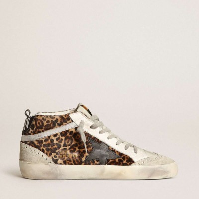 Golden Goose Mid Star Sneakers In Leopard Print Pony Skin With Black Star